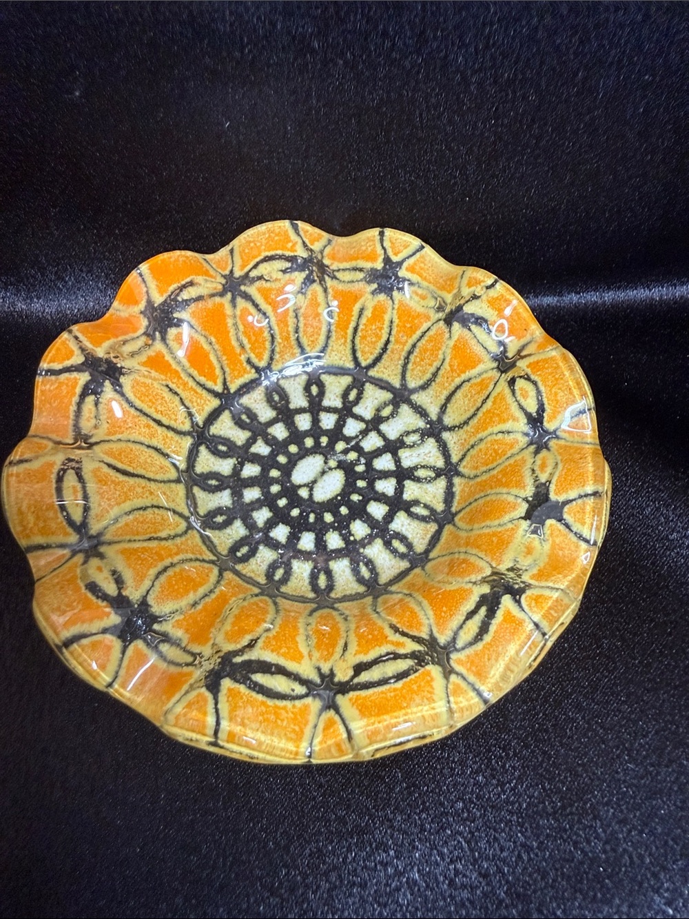 Sydenstricker Yellow and Orange Sunflower Fused Glass Ruffled Edge